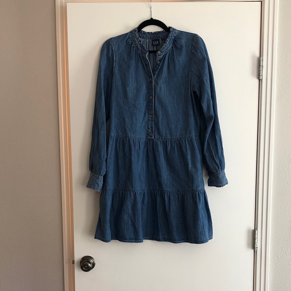 GAP Tiered Medium Wash Denim Mini Shirtdress Sz Small